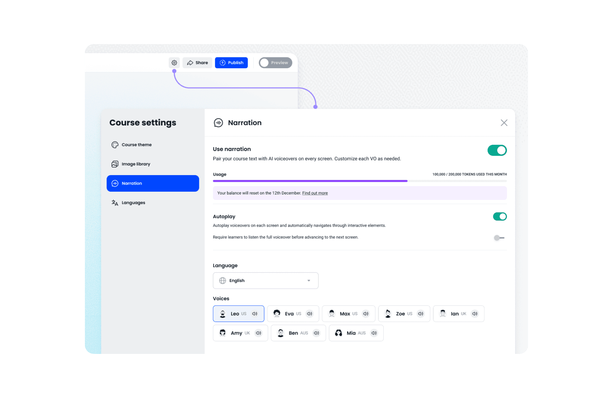Course settings with narration options, voice profiles, and language selection